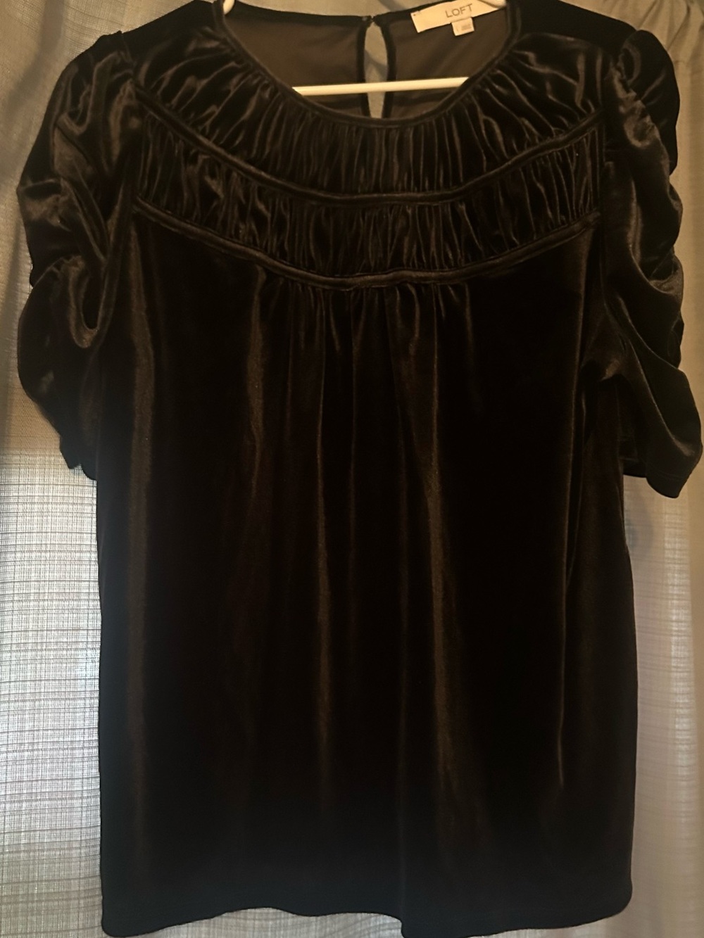 LOFT Black Velvet Short Sleeve Yoked Blouse